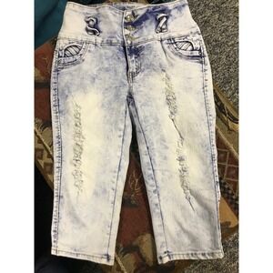 Silver Diva Womens High Waisted Acid‎ Wash Distressed Capri Jeans Size 7 Sparkle